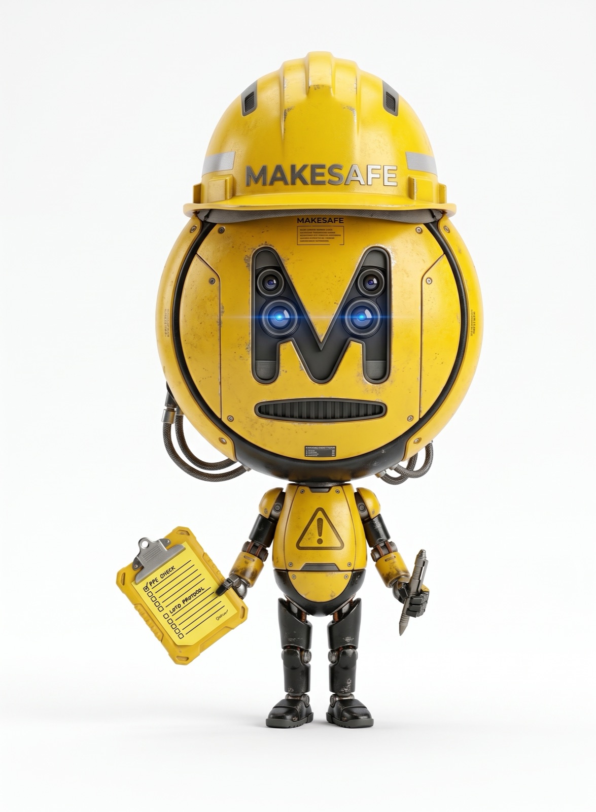 Yellow hard-hat robot mascot holding a clipboard