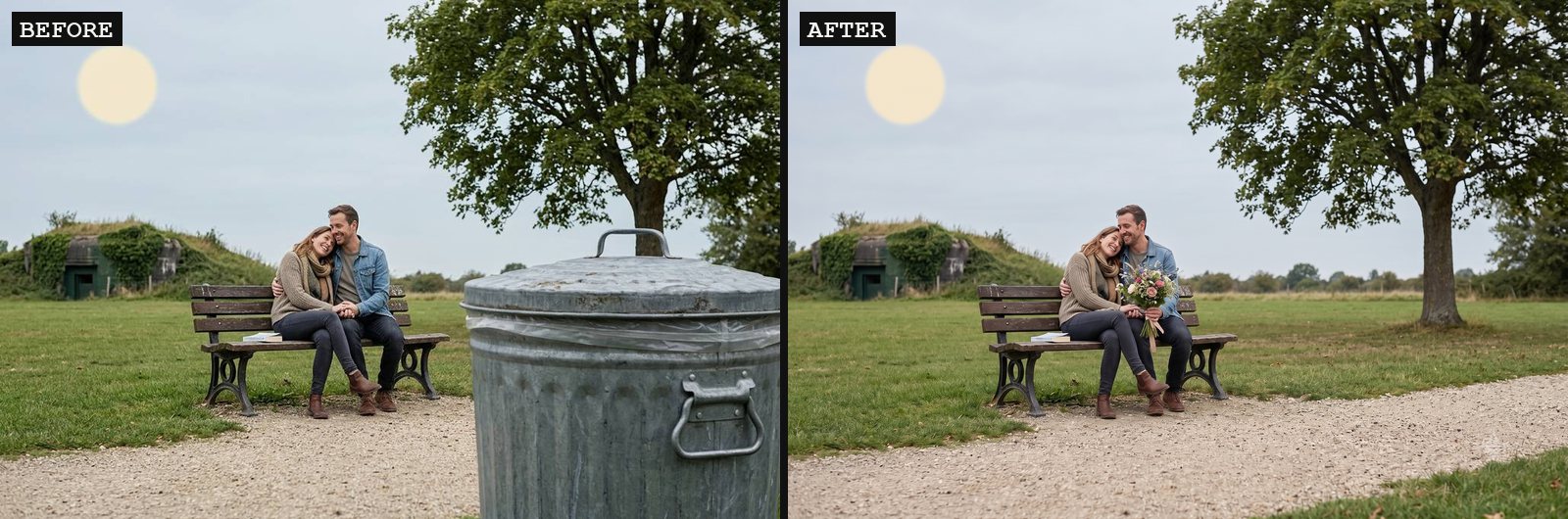 Couple on a park bench with a trash can, and without it