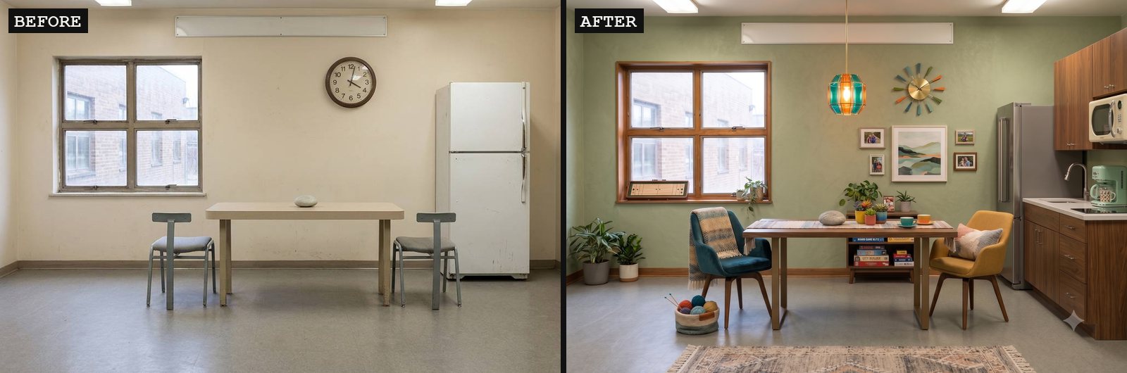 Plain break room beside a remixed mid-century version
