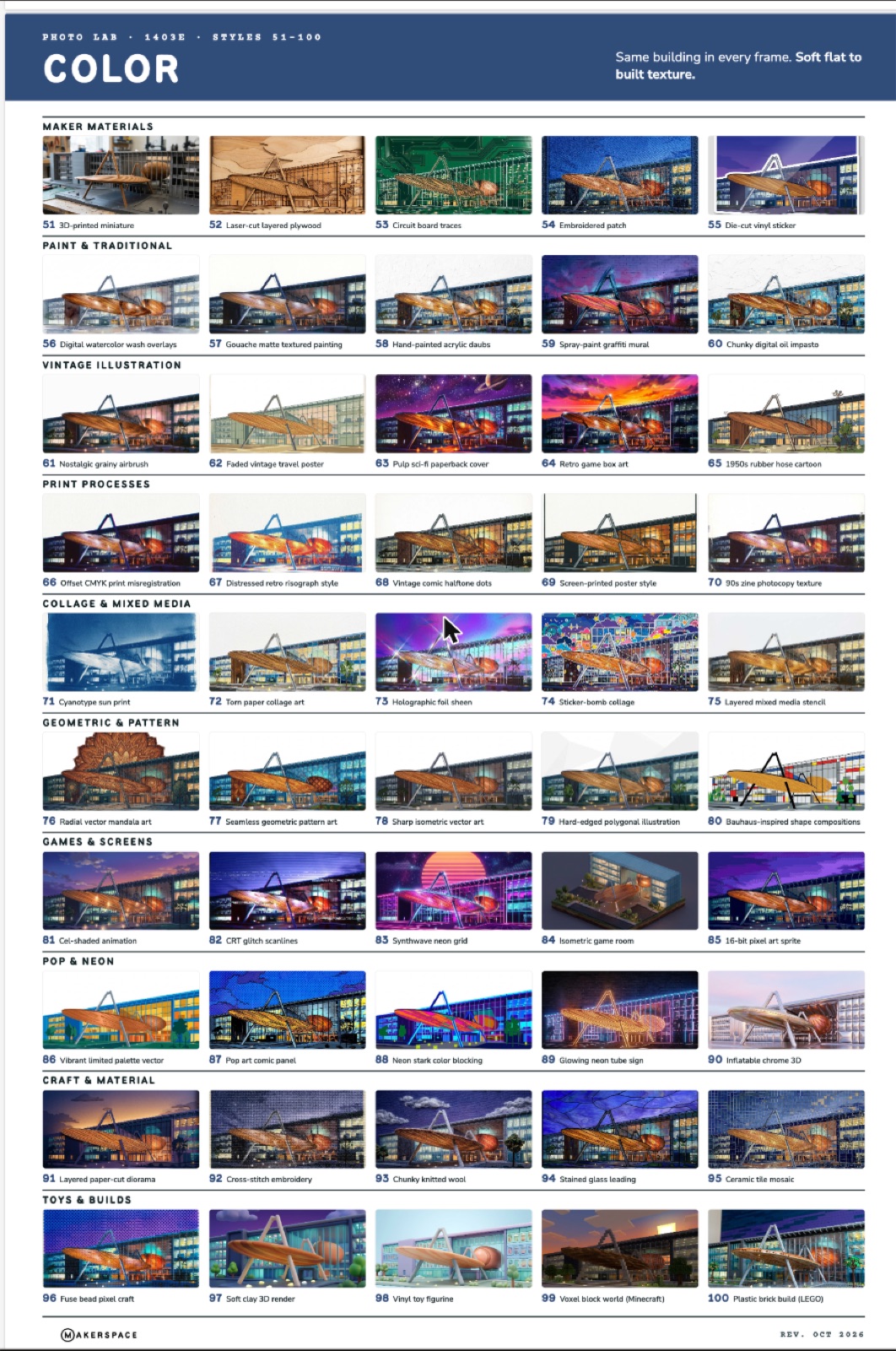 Poster grid of color style tiles of the same building