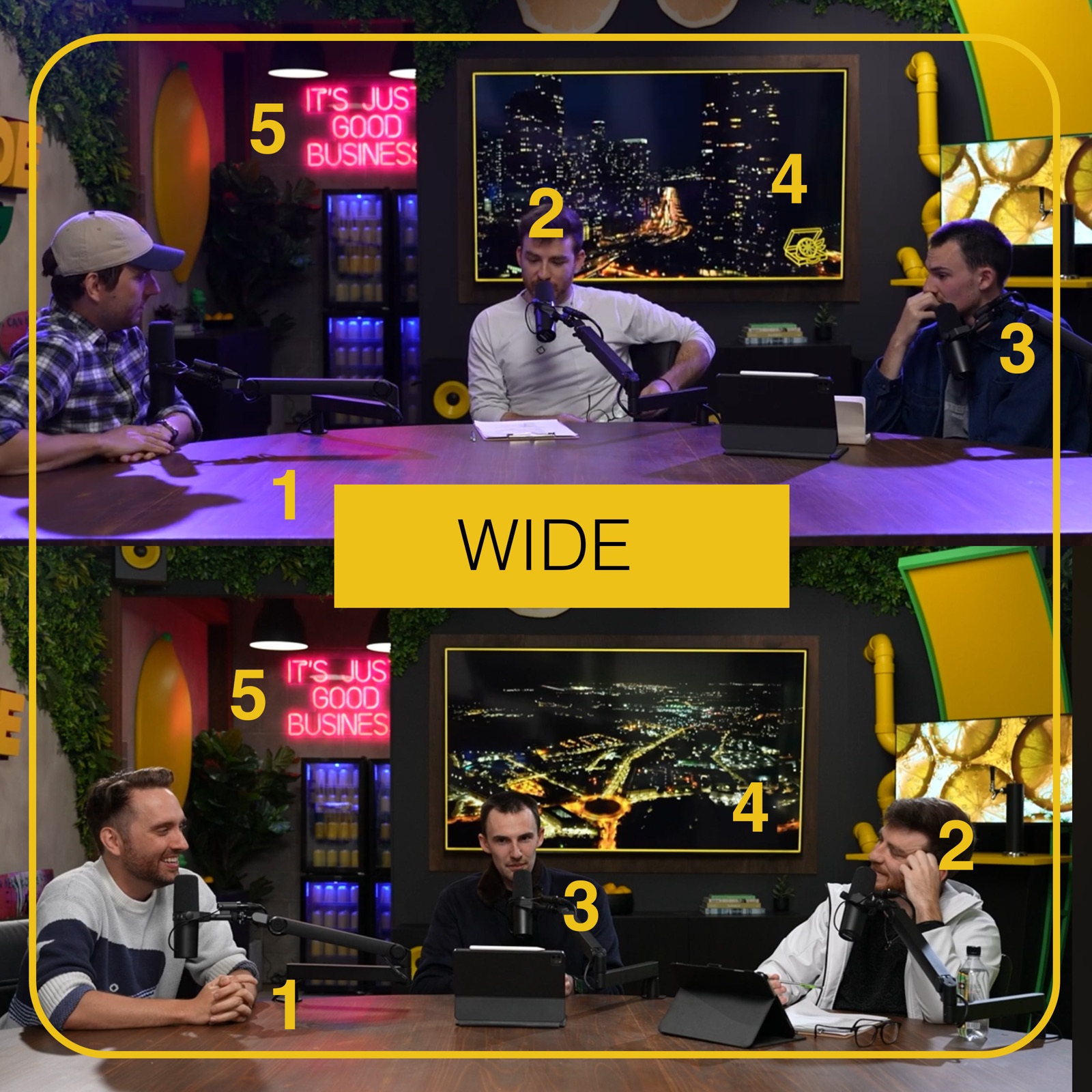 Podcast camera angles labelled left, right and wide