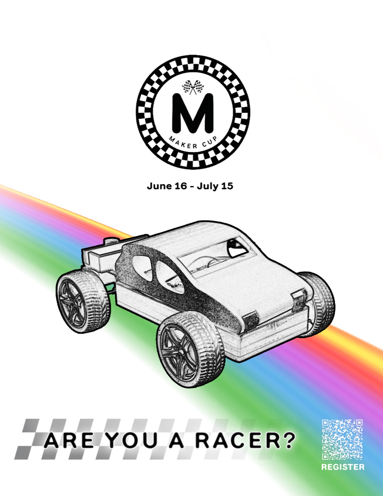 Maker Cup flyer with a car on a rainbow track