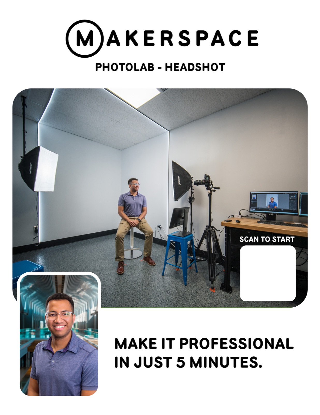 Flyer for the Makerspace headshot booth