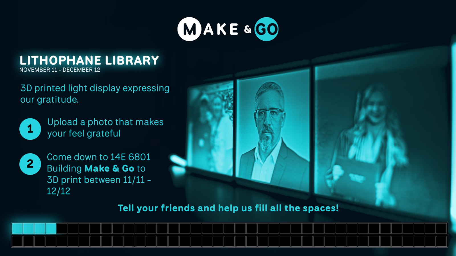 Lithophane Library screen: backlit 3D-printed photos on a wall