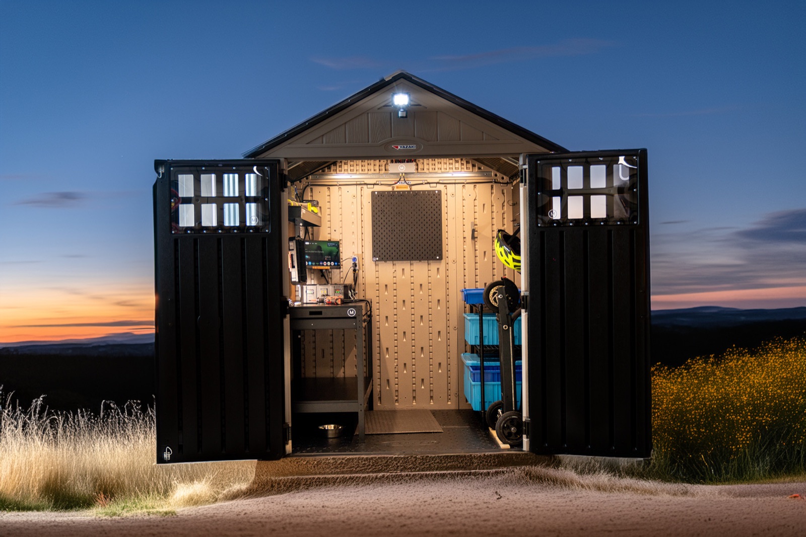 Small shed at sunset with its doors open