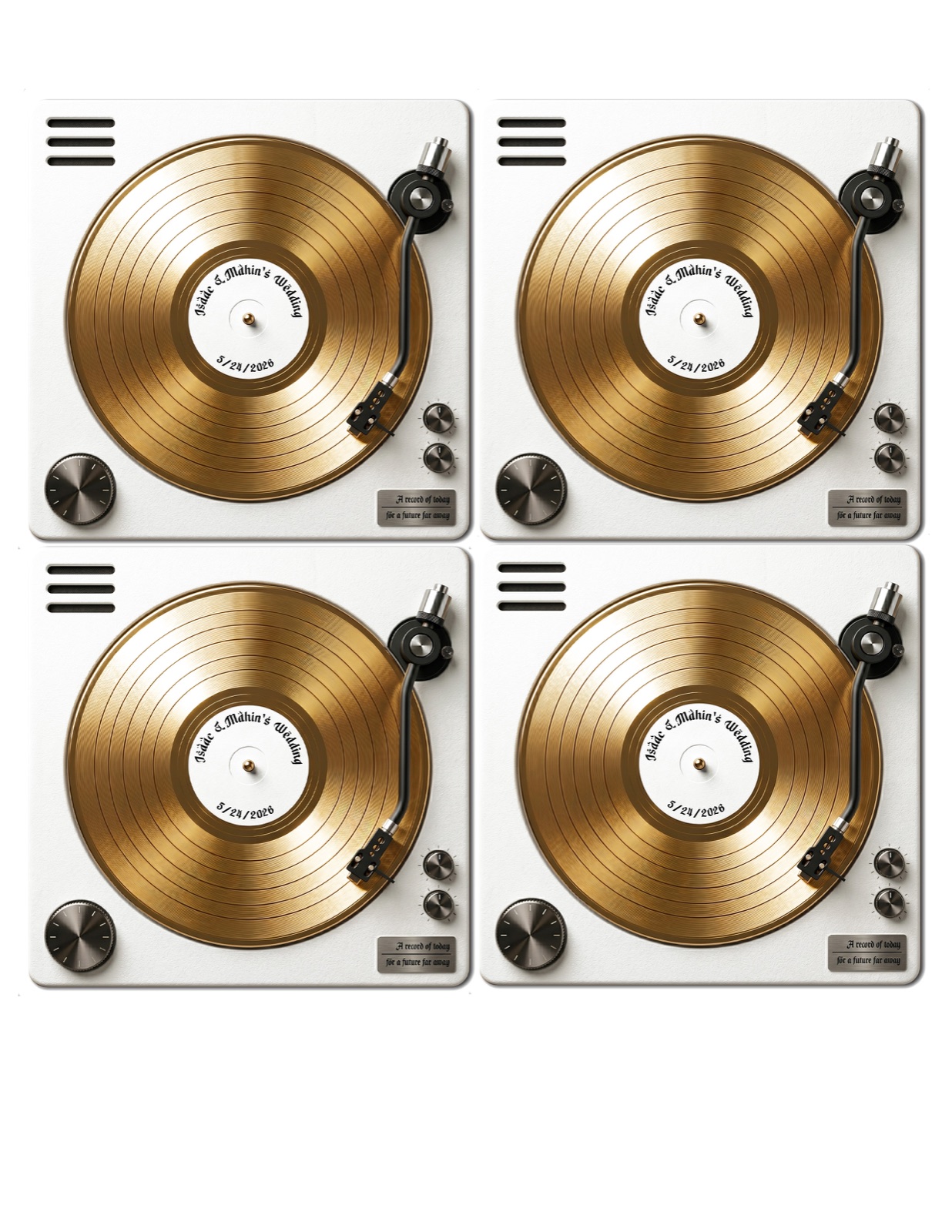 Four white coasters printed with gold turntables
