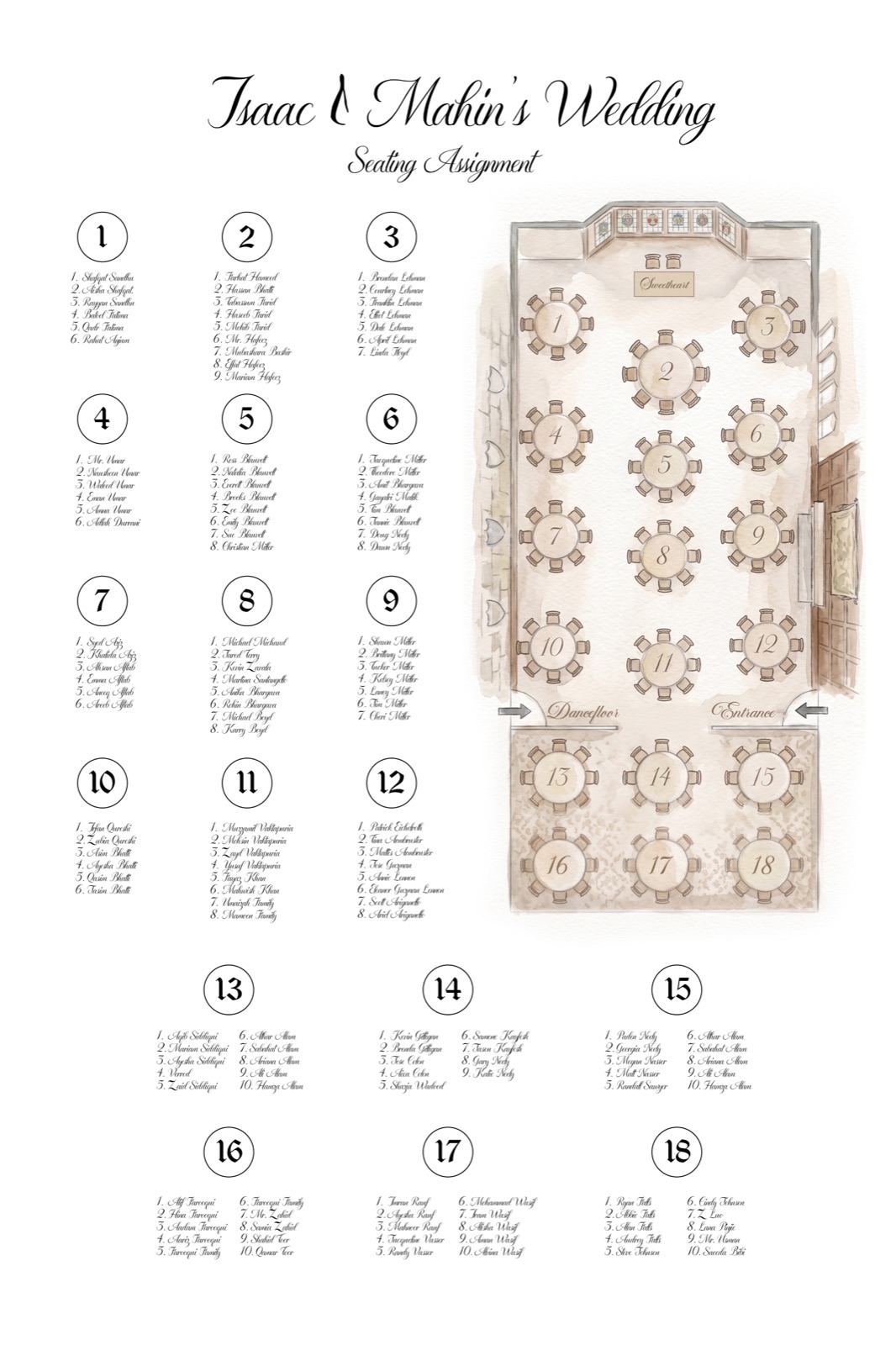 Printed wedding seating chart with a table plan