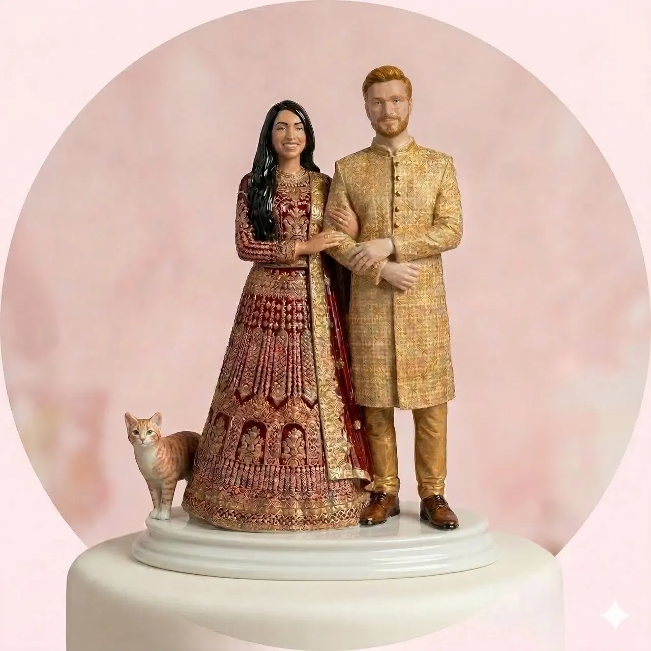 Concept image of a cake topper of a couple in wedding clothes with their cat
