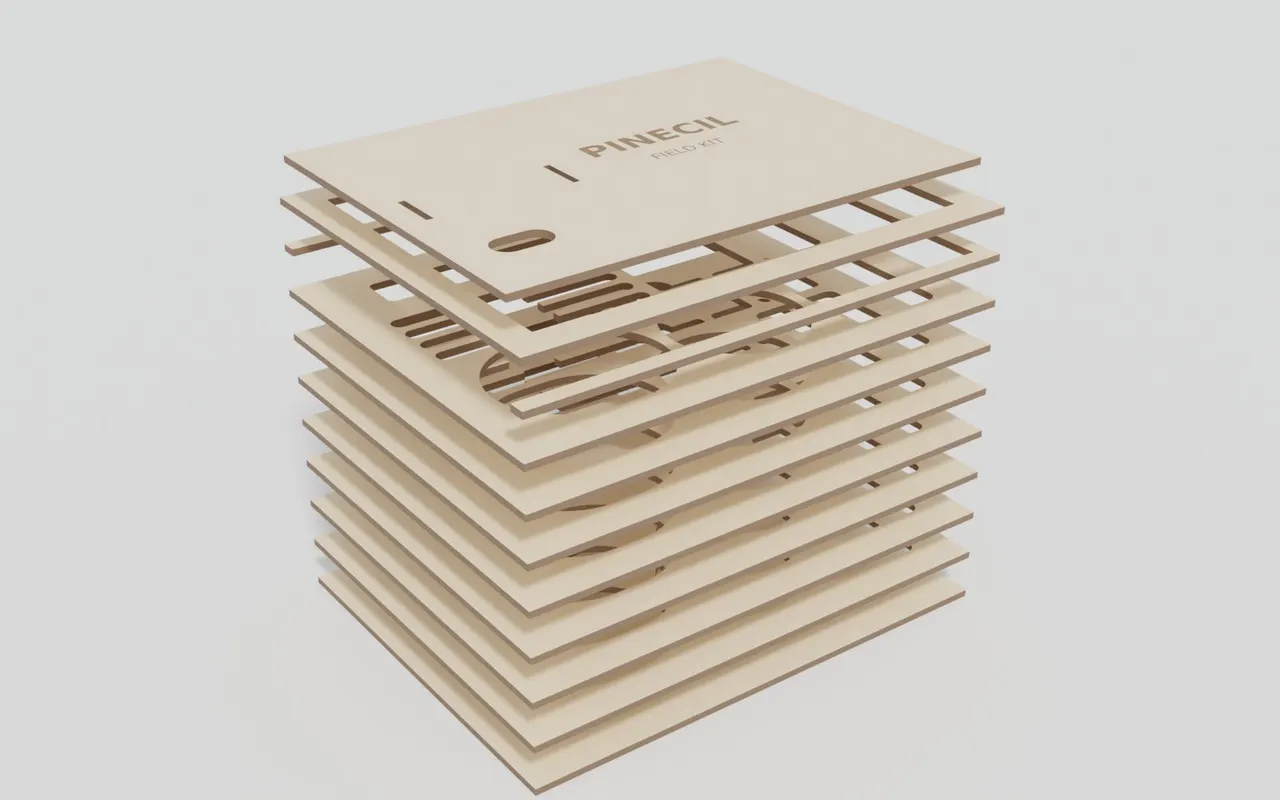 The case's laser-cut layers stacked apart in an exploded view