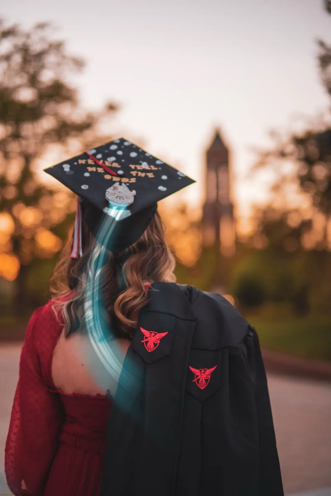 A graduate in a decorated cap and gown seen from behind, a photo composite