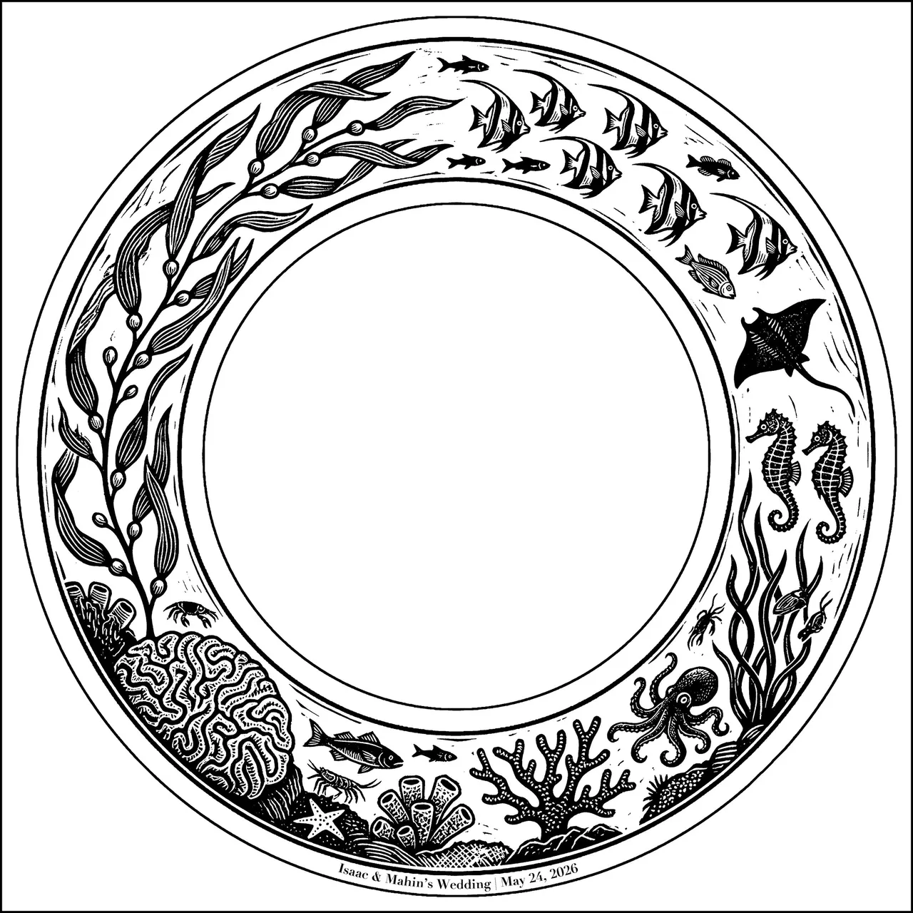 A centerpiece ring of sea life, kelp, fish and a manta ray