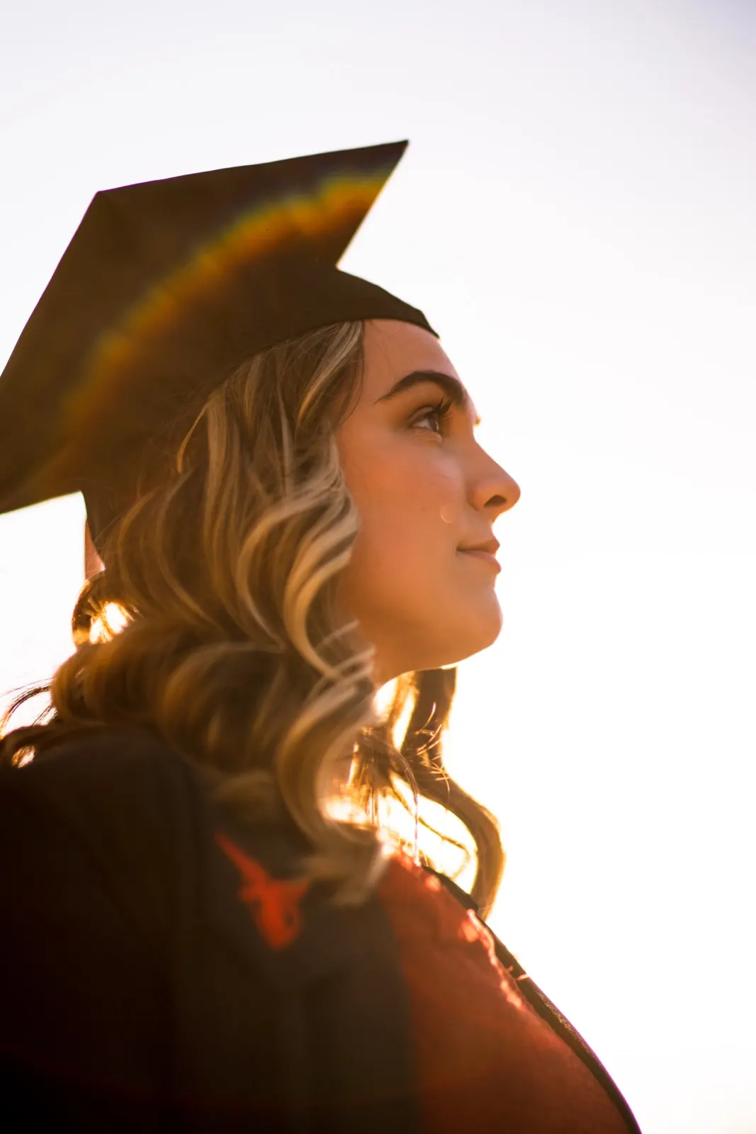 A graduate in cap and gown in profile against a bright sky