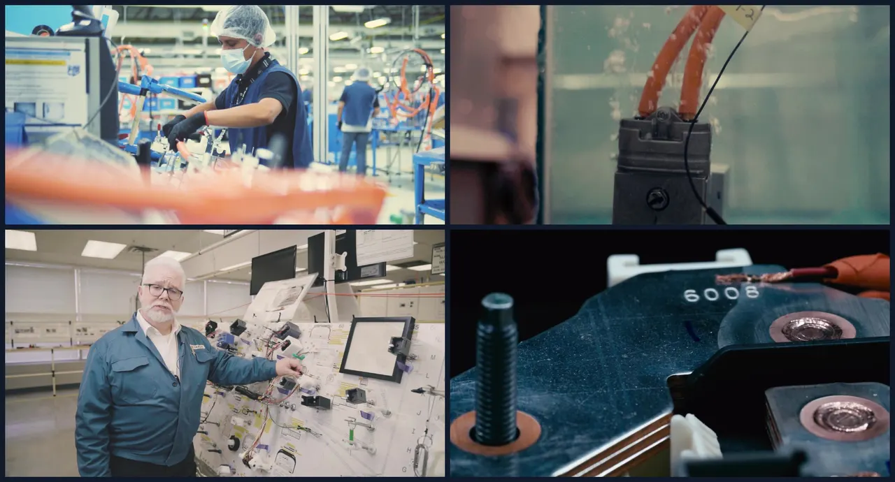 Four stills from the films, shown whole in a grid. A harness builder on a high-voltage line in Juárez, orange cable in a test chamber, a trainer at a wire-harness assembly board, and laser-welded terminals on a busbar.