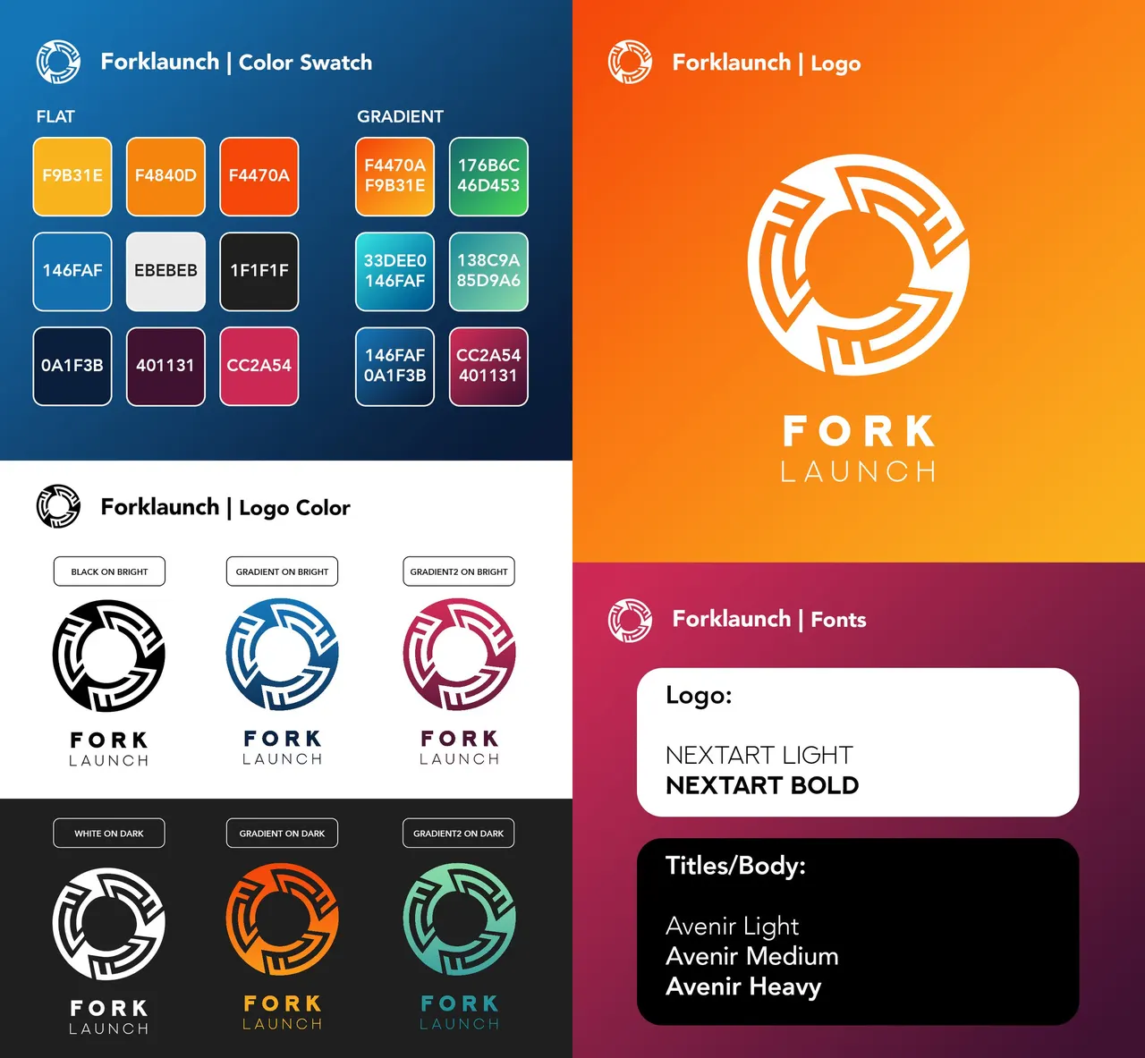 ForkLaunch brand sheet: color swatches, the logo on orange, logo colors on light and dark, and fonts