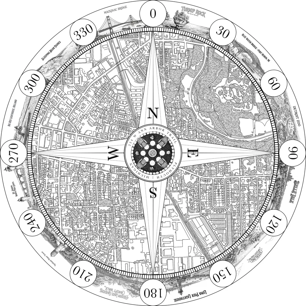 Compass rose with degree markings over a detailed street map
