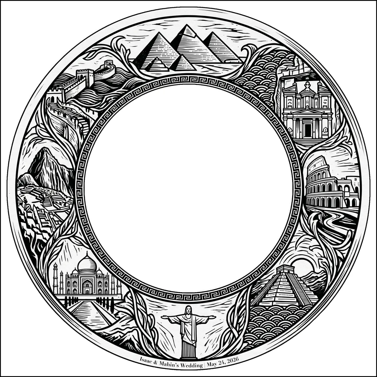 A round engraving design ringed with the world's wonders, from the pyramids to the Colosseum