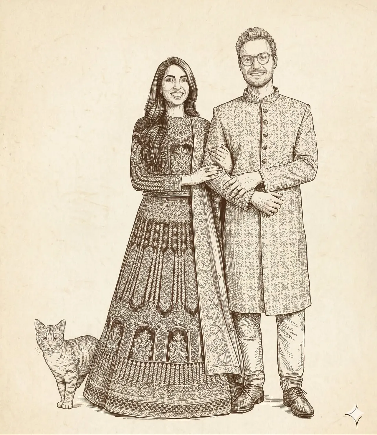 A line drawing of a couple in wedding clothes with their cat