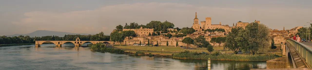 Panorama of Avignon's walls and palace above the river