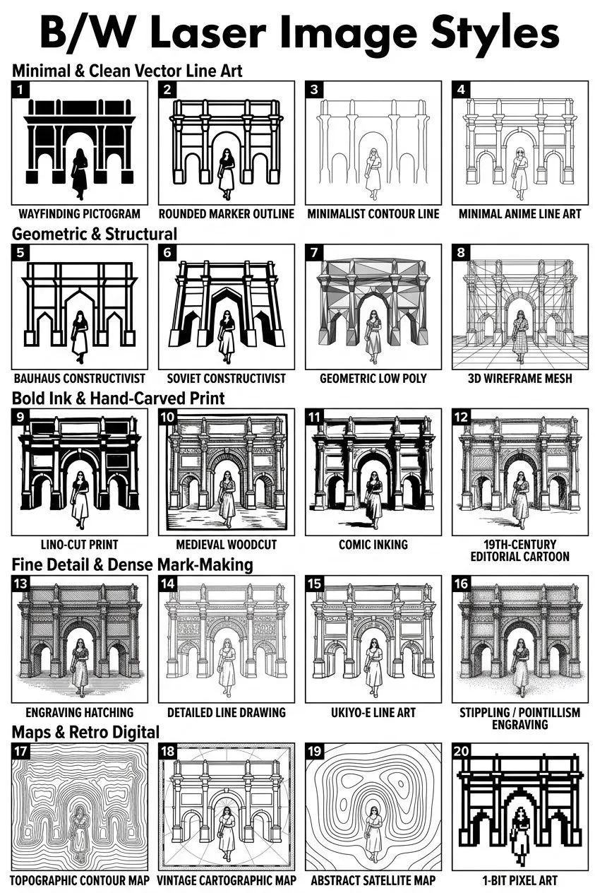 A grid of one scene drawn in many black-and-white styles, labeled for laser engraving