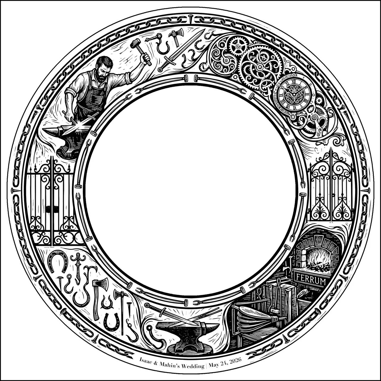 A centerpiece ring of blacksmith's tools, an anvil and a forge