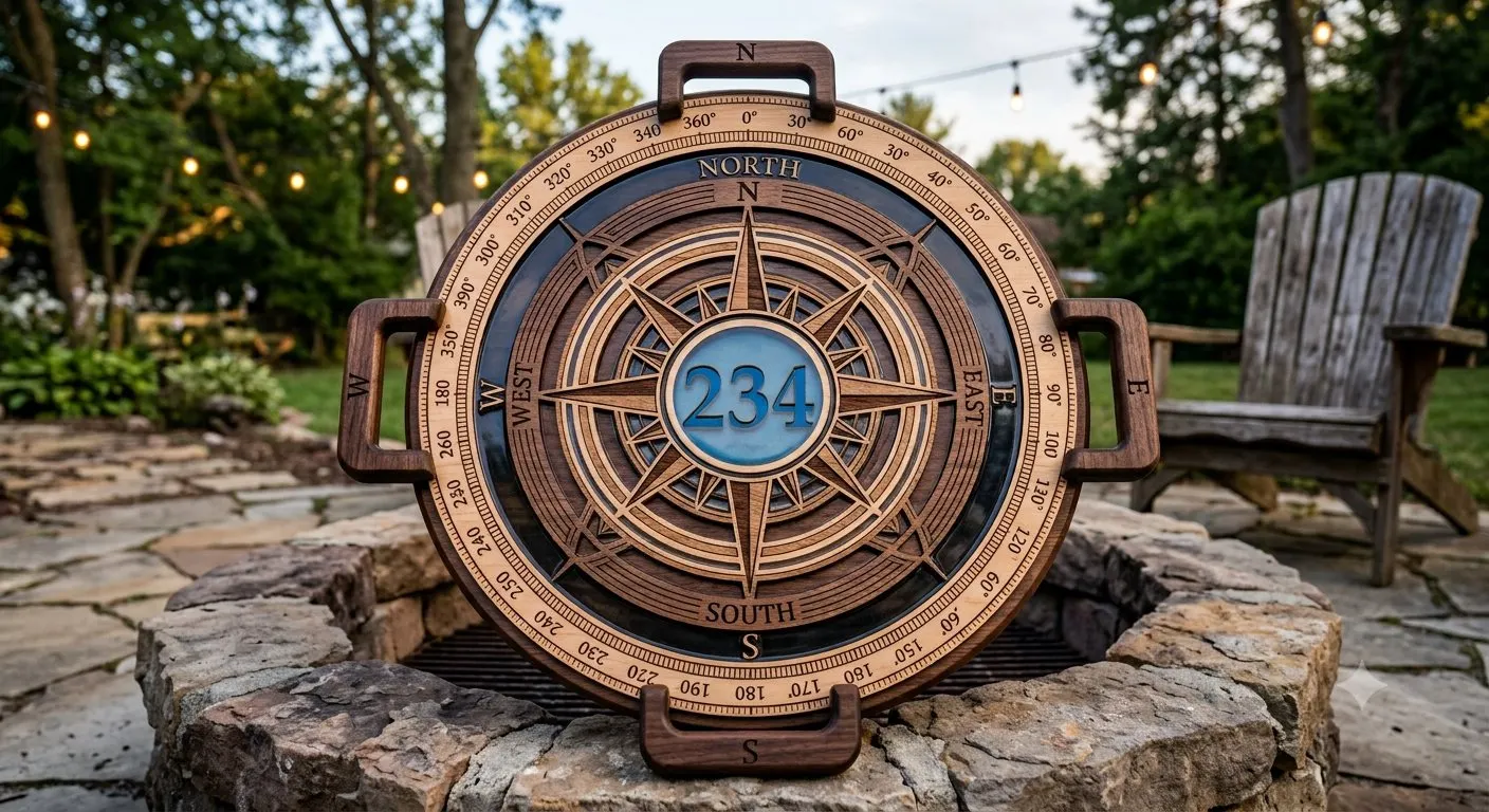 AI mockup of a round wooden compass topper on a stone fire pit at dusk