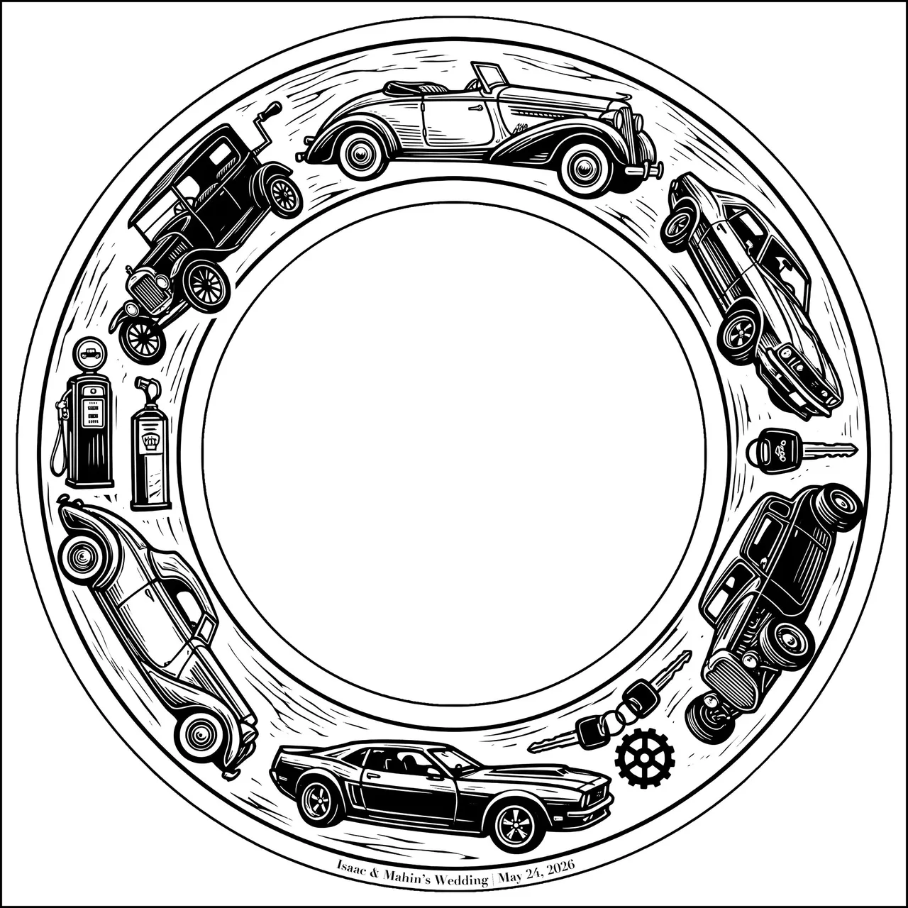 A centerpiece ring of classic cars and a gas pump