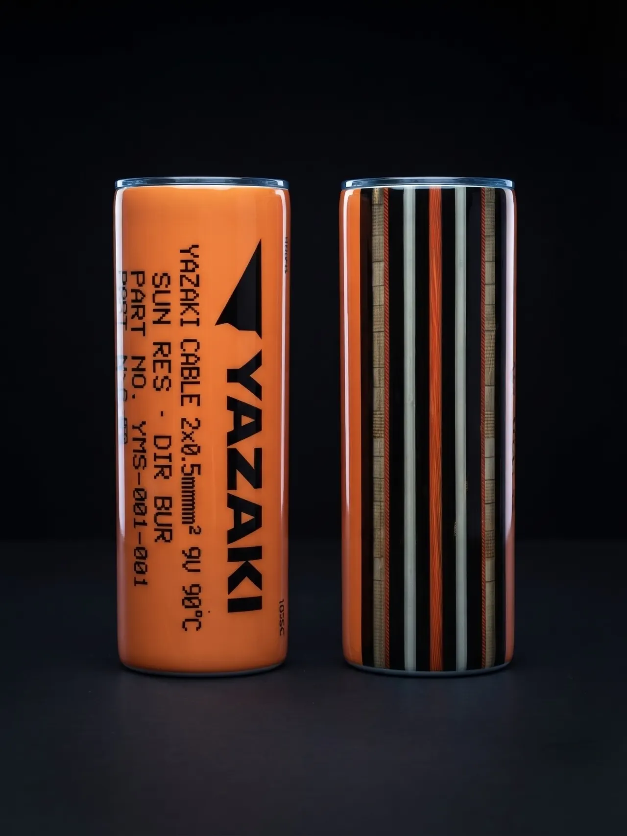 Two tumblers on black, one orange and printed like Yazaki cable, one striped like the wires in a harness
