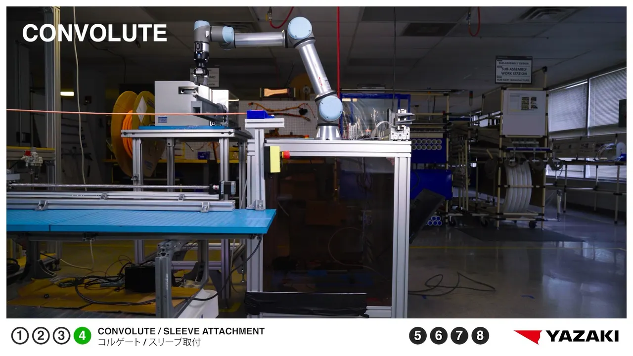 A robot arm feeding orange cable through the convolute station on the automated line