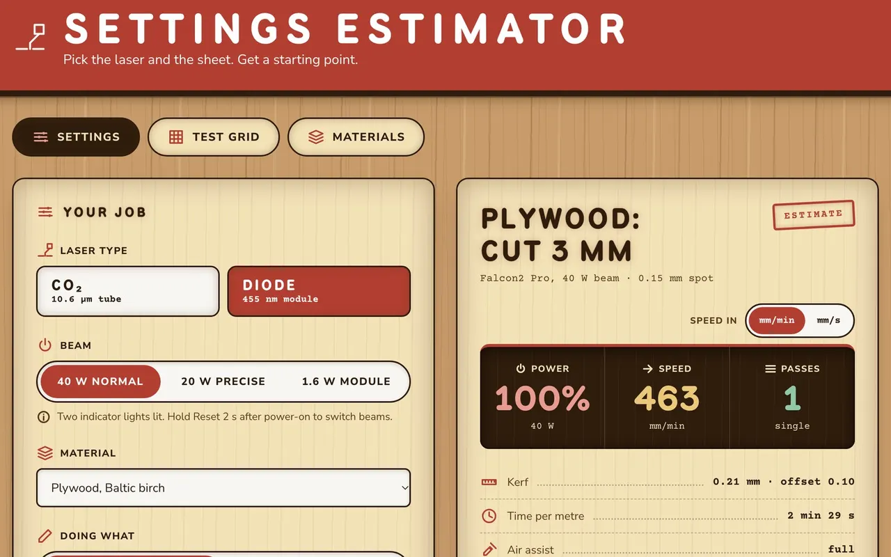 The Laser Settings Estimator showing power, speed and passes for cutting 3 mm plywood